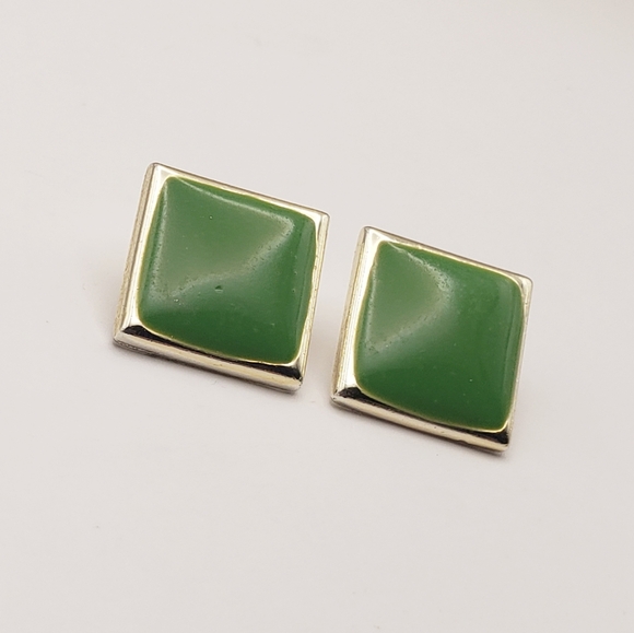 Vintage Green Enamel and Gold Square Button Posts - Picture 2 of 6